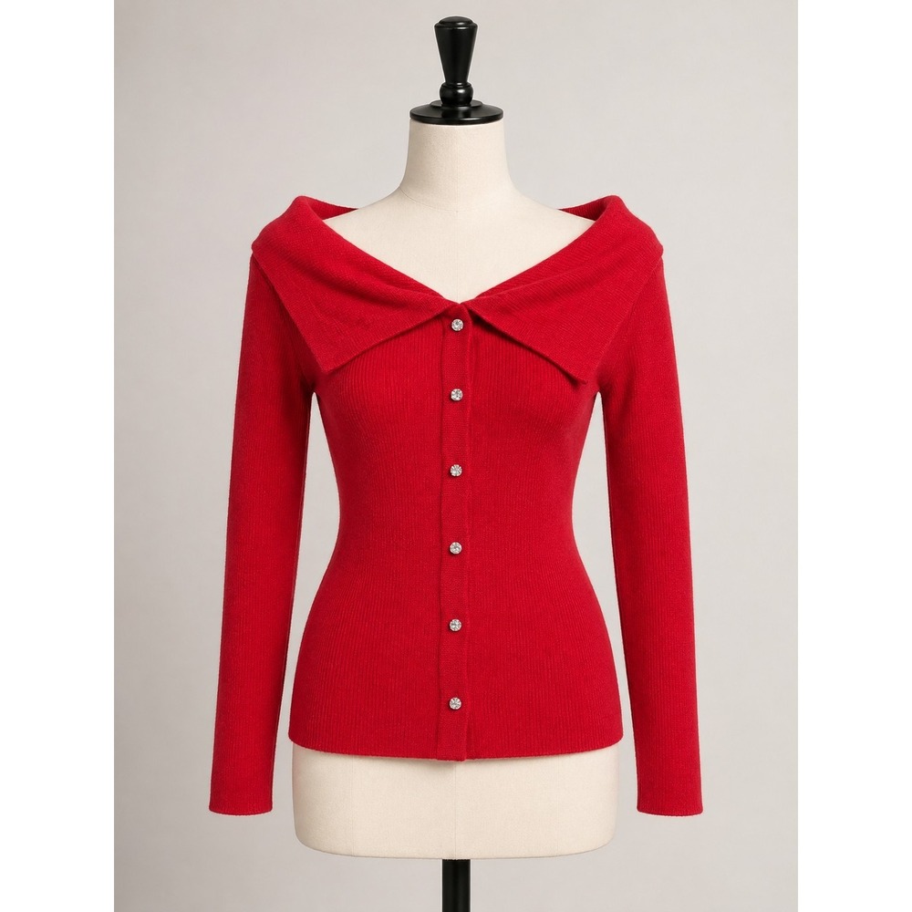 New York And Company Red Small Sweater Rhinestone Buttons Long Sleeves Classic